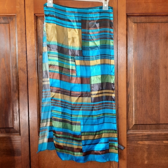 Vintage satin metallic blue brown print mod scarf - Picture 4 of 8